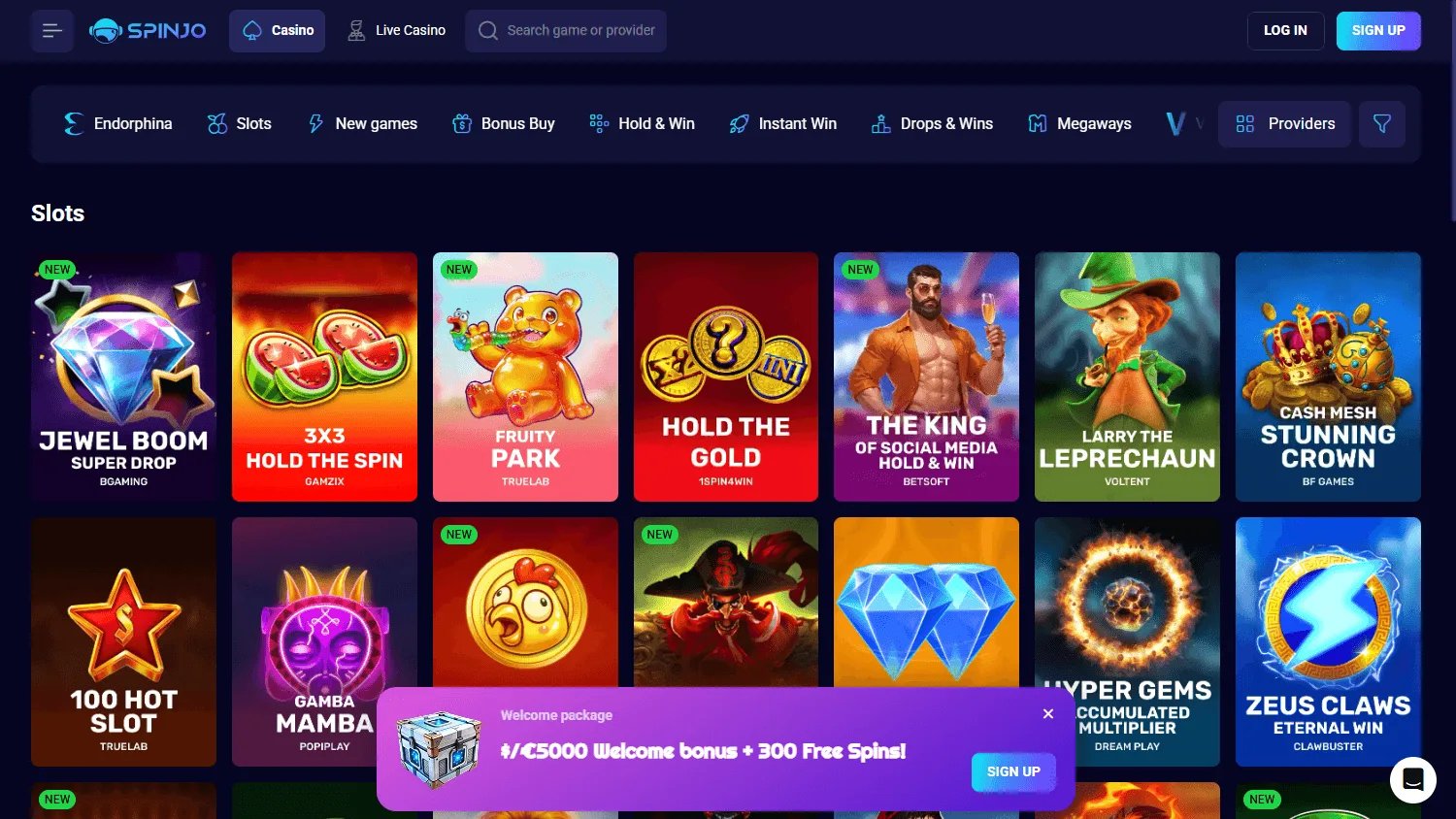 Spinjo Casino desktop games selection with pokies and casino categories
