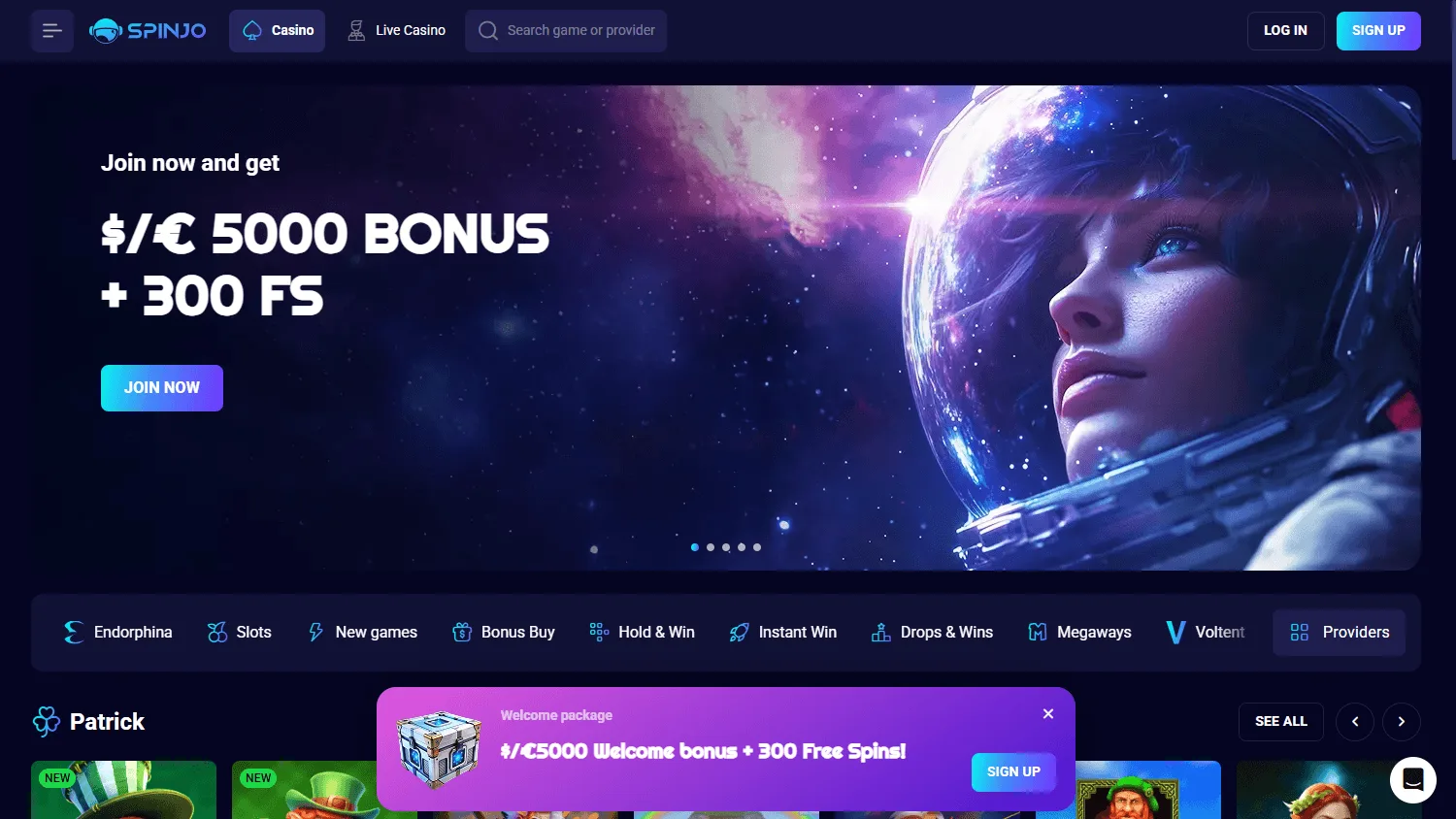 Spinjo Casino desktop home screen for Australian players