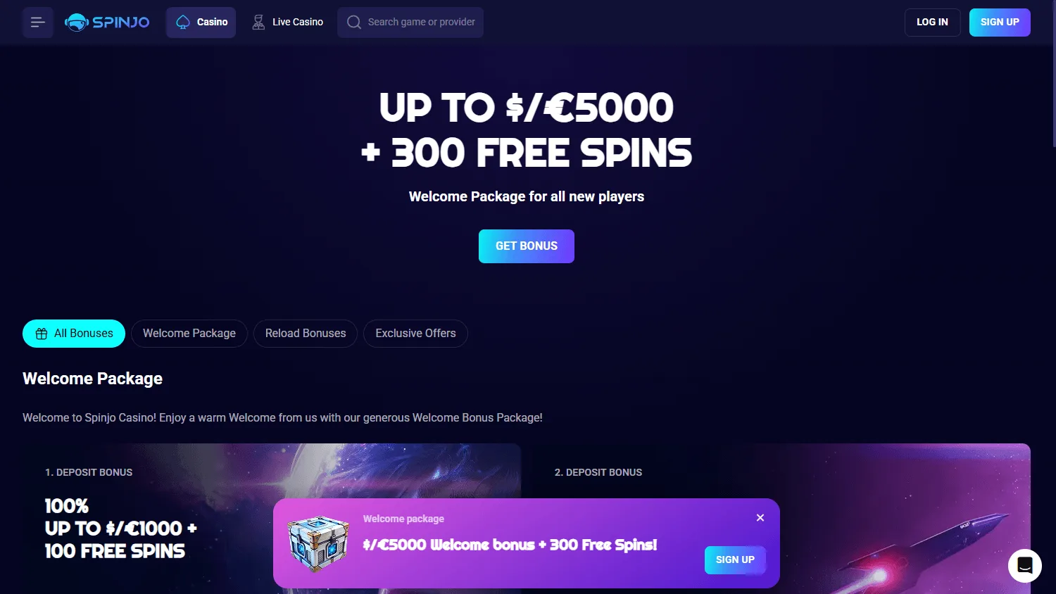 Spinjo Casino desktop promotions area with welcome and recurring offers