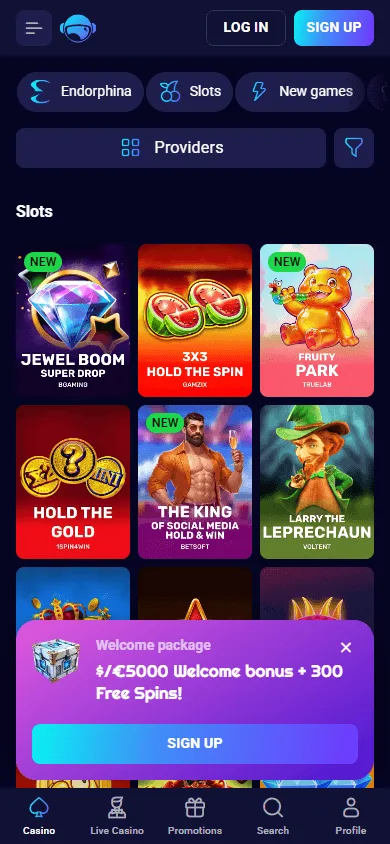 Spinjo Casino mobile games selection with casino categories