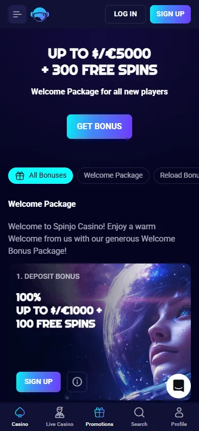 Spinjo Casino mobile promotions area